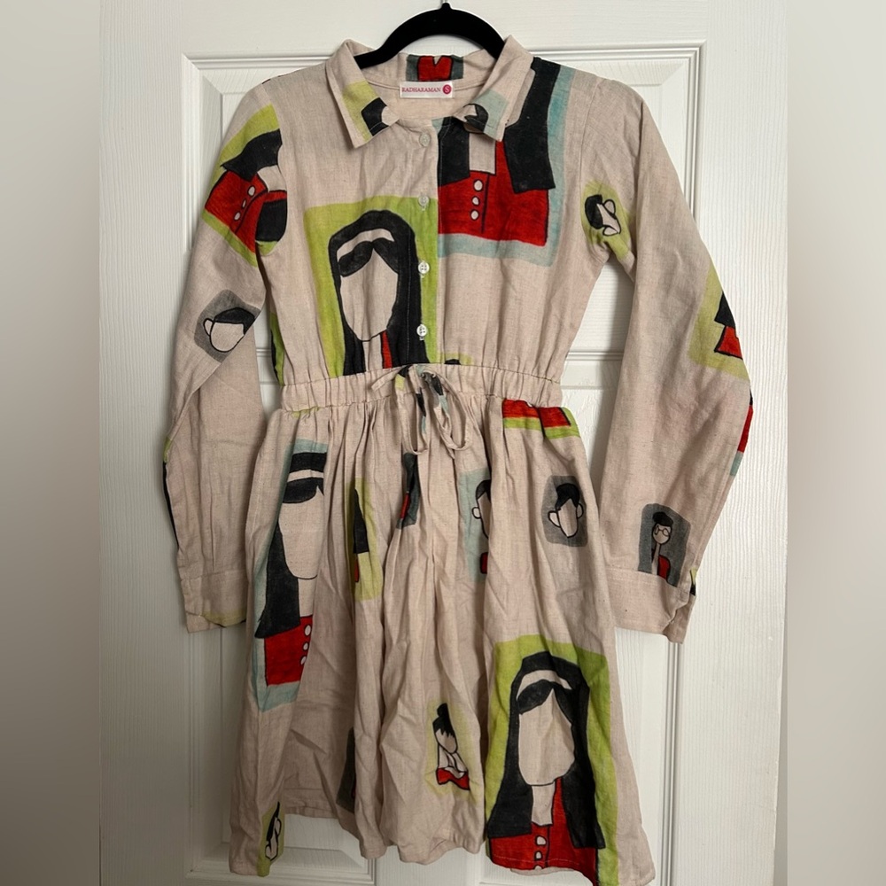 Radharaman Beige Linen Mini Dress Sz Small Art Deco Pop City Eclectic